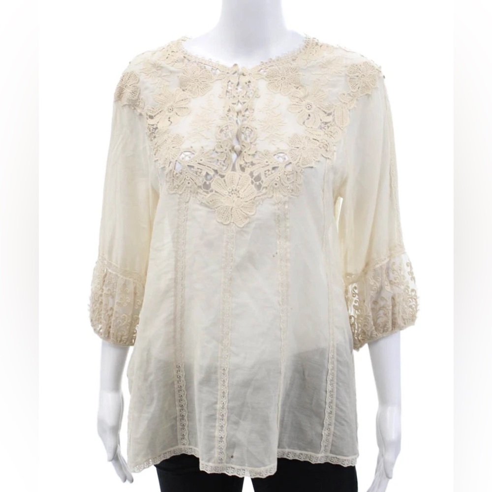 BCBGMaxazaria Cotton and Silk Lace Blouse with Floral Detailing and 3/4 Sleeves
